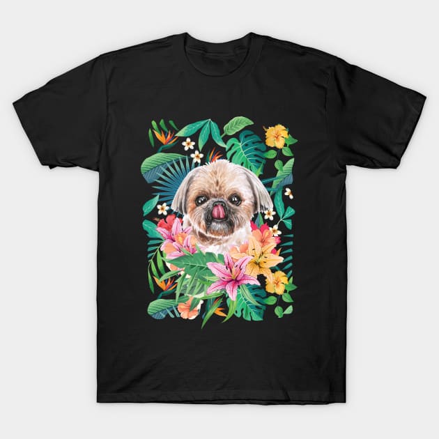 Tropical Gold Red Silver Shih Tzu 7 T-Shirt by LulululuPainting